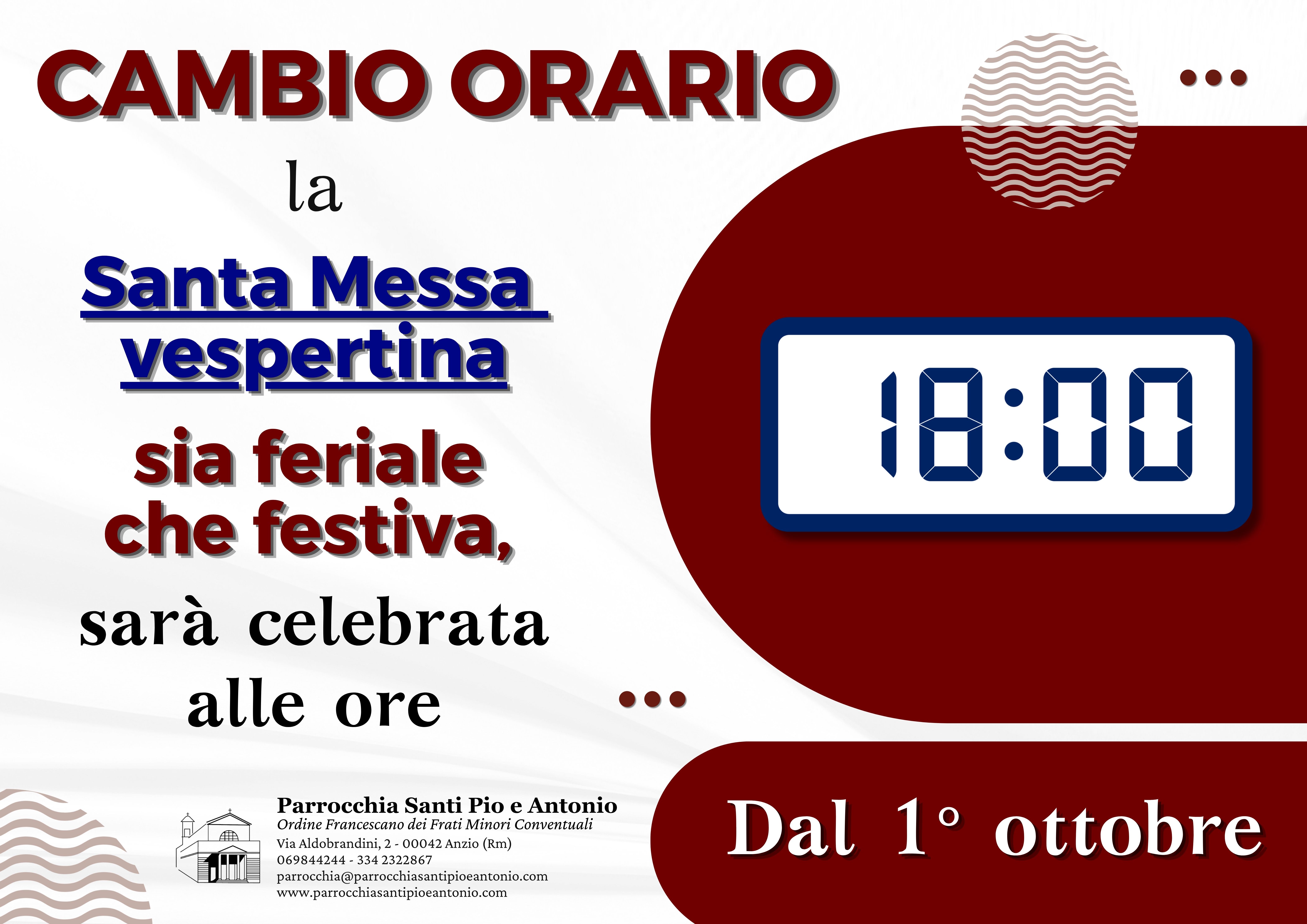 Cambio orario Santa Messa vespertina