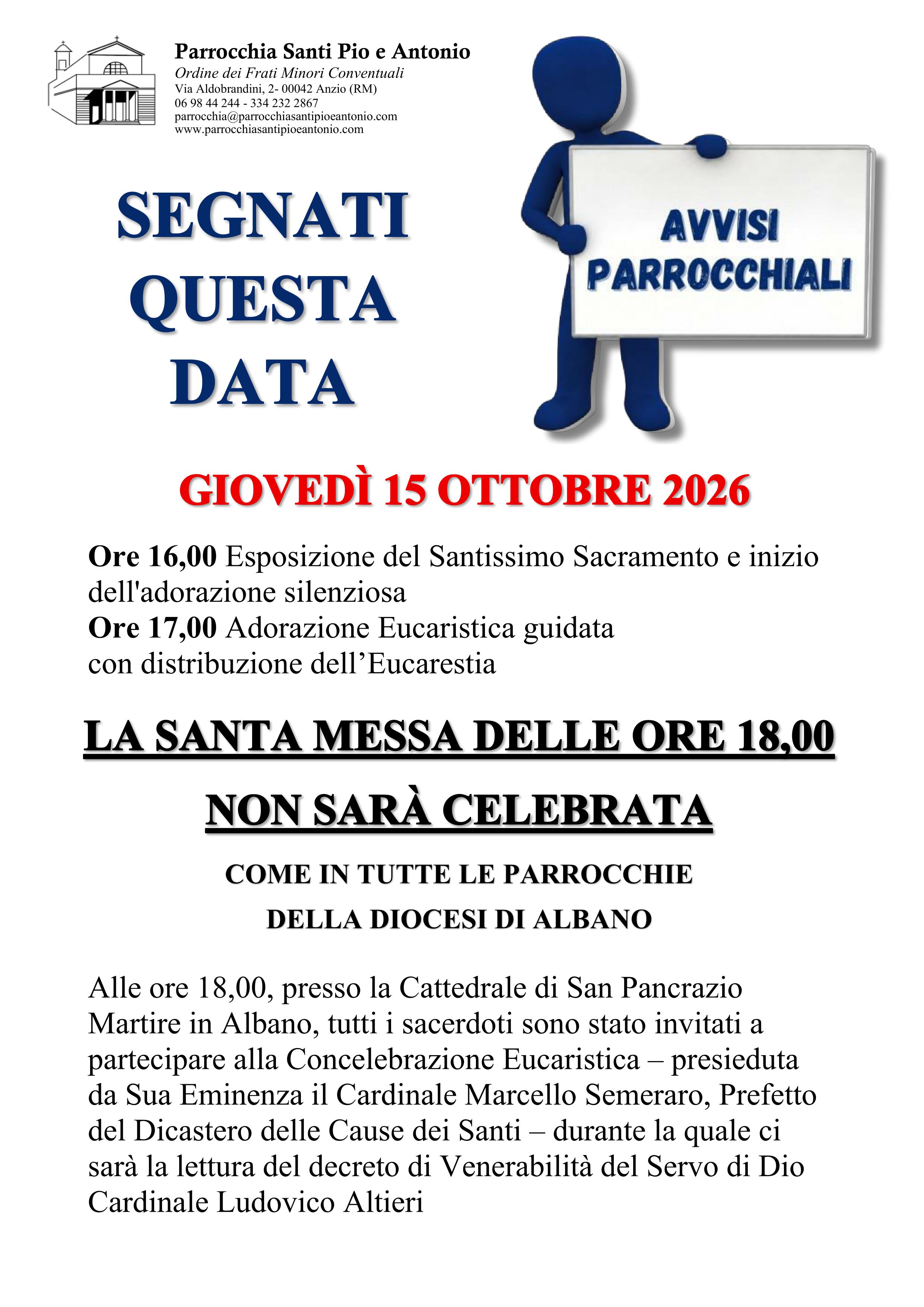 Avviso non celebrazione Santa Messa vespertina del 15 ottobre